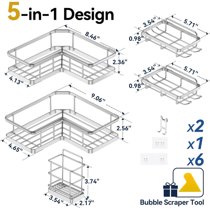 Органайзер для душу YASONIC (5 шт.), самоклеючий, нержавіюча сталь, полиці для ванної кімнати з мильничкою та 4 гачками, велика місткість, сріблястого кольору