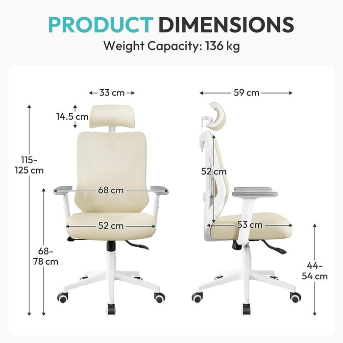 Офісне крісло Yaheetech з регульованою підголівником та підтримкою попереку, дихаюча сітчаста спинка, широке сидіння, S-подібна спинка, поворотне на 360°, бежеве