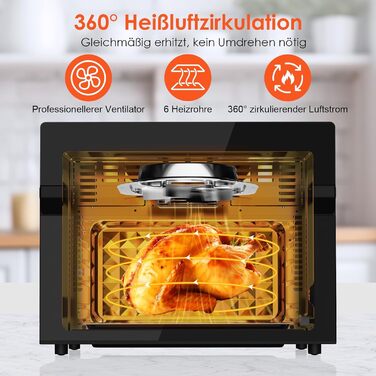 Фритюрниця гарячого повітря LLIVEKIT 30 л XXL, міні-піч з конвекцією, 20 програм, 9 аксесуарів, LED-екран, без олії, віконце, 2 режими, книга рецептів, 80-230°C, чорна