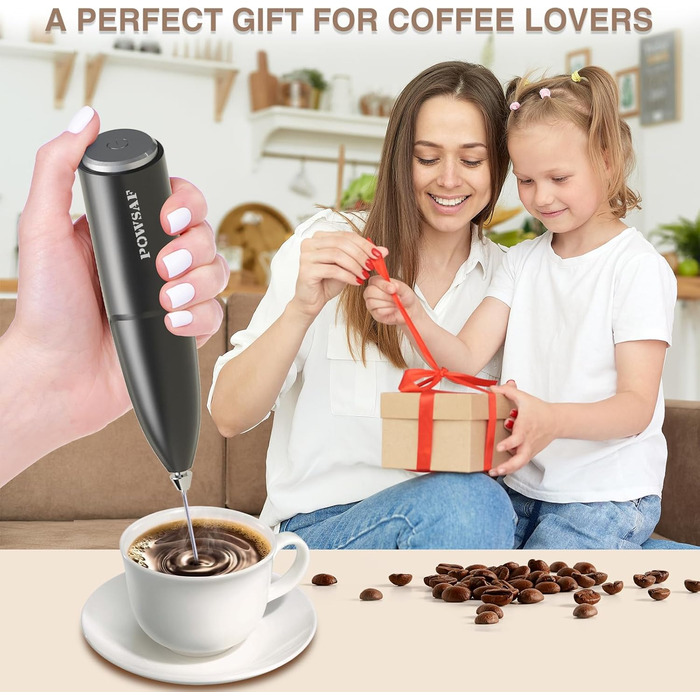 Електричний піноутворювач для молока POWSAF з підставкою, 13000 об/хв, для кави, лате, капучино, чорний/срібний