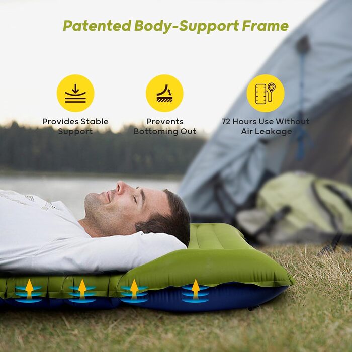 Thick Inflatable Sleeping Pad with Foot Pump and Pillow, Ultralight Camping Air Mattress for Outdoor, Hiking, Bikepacking (Green, Double)
