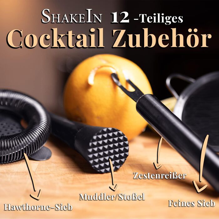 Набір для коктейлів SHAKEIN | 12 предметів | Шейкер Boston, 750 мл | Нержавіюча сталь, Space Grey | Професійний барний аксесуар