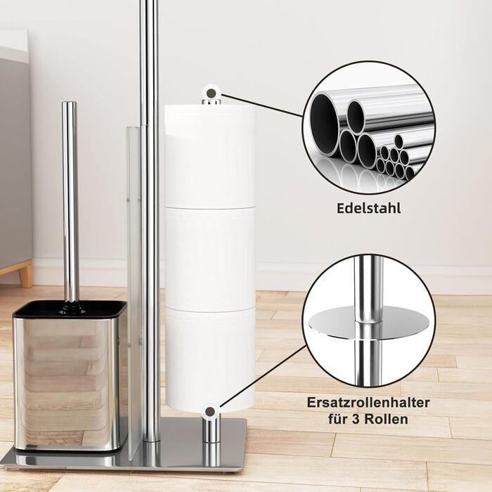 Stainless Steel Toilet Paper Holder Stand with WC Brush - Free Standing Toilet Brush and Toilet Paper Roll Holder with Glass Shelf (Silver)