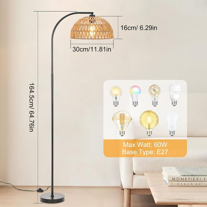 Стельова лампа Winverty для вітальні з полицею, 3 лампочки, вінтажний стиль, регульована висота 1.66м, Е27, з абажуром з льону, з вимикачем на ніжці