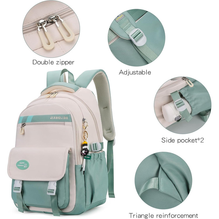 Дитячий рюкзак для школи: водонепроникний, нейлон, кілька відділень, легкий, для дівчаток та хлопчиків, для подорожей та спорту (зелений)