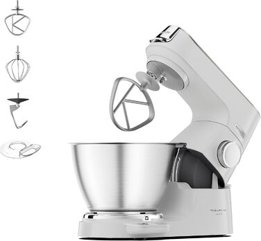 Кухонна машина Kenwood Titanium Chef Baker KVC65.001WH з вбудованими вагами, 1200 Вт, 3 насадки для кондитерських виробів, лопатка та захист від бризок, біла