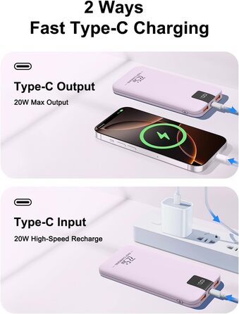 Powerbank 10000mAh 22.5W з LCD-дисплеєм, 3 виходи та 2 входи, USB C, фіолетовий