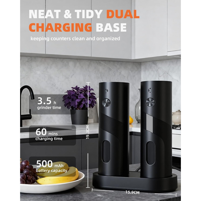 Набір електричних мельниць для солі та перцю з заряджною станцією, об'єм 110 мл, 5 ступенів помелу, керамічна млинка, щітка, 2 шт., чорний