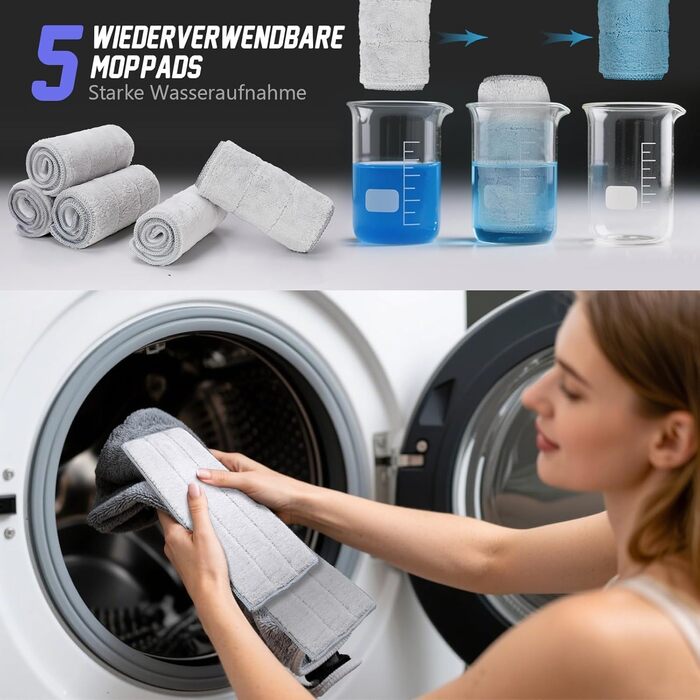 Набір для миття підлоги Masthome з відром: плоский моп, 3 мікрофібрових насадки, відро з нержавіючою сталею, моп з функцією віджиму, для прибирання підлоги (фіолетовий)