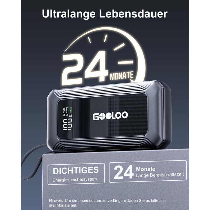 Powerbank для авто Gooloo G7 3000A: пусковий пристрій з USB-C, LED-ліхтарик, 12V (до 8.5L бензин/6L дизель)