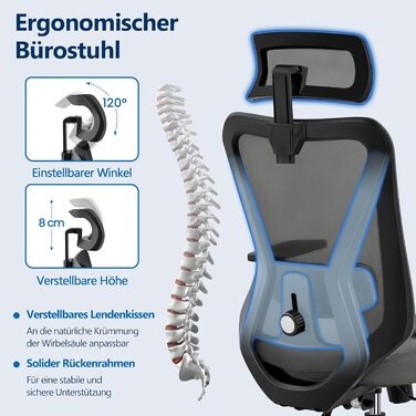 Офісне крісло Yaheetech ергономічне, регульована спинка, підголівник, підлокітники, поперекова підтримка, поворотне, регулювання нахилу 90°-130°, чорне