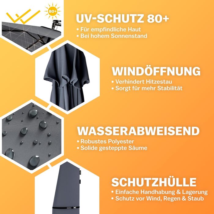 Kingsleeve® Canopy Umbrella LED Lighting UV Protection 80+ Solar Stand Protective Cover 300cm Large Crank Balcony Terrace Garden Umbrella Parasol Anthracite