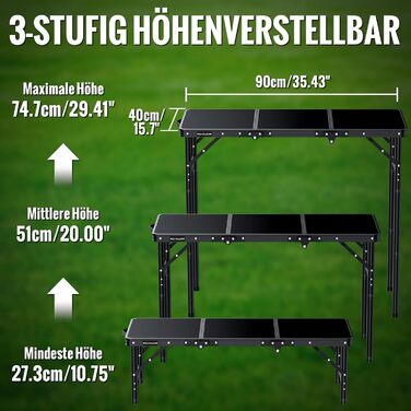 Складний кемпінговий стіл GARLLEN 60x40 см, регульована висота (27/51/75 см), чорний - для пікніка, саду, балкону, пляжу