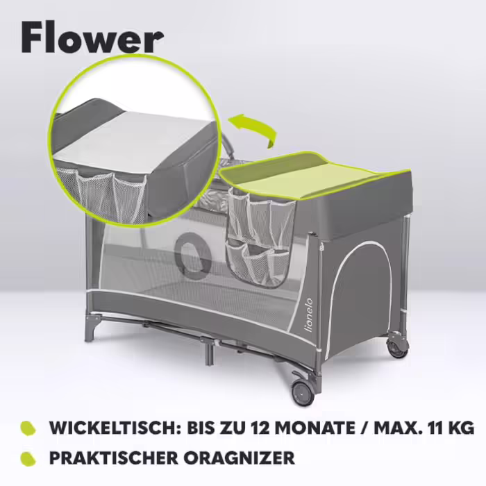 Lionelo Flower 4in1 Travel Cot Baby, Playpen Baby with Side Entrance, Changing Table, Two Mattress Suspension Heights, Play Arch with Figures, Wheels, Carry Bag 1 Piece (1 Pack) Light Grey