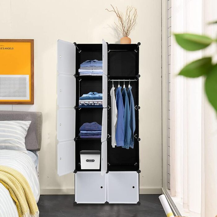 Regal system, 10 cubes, plastic wardrobe with doors, modular cabinet for space-saving storage, 70 x 45 x 175 cm, white door & black cabinet, for storing clothes, shoes, etc.