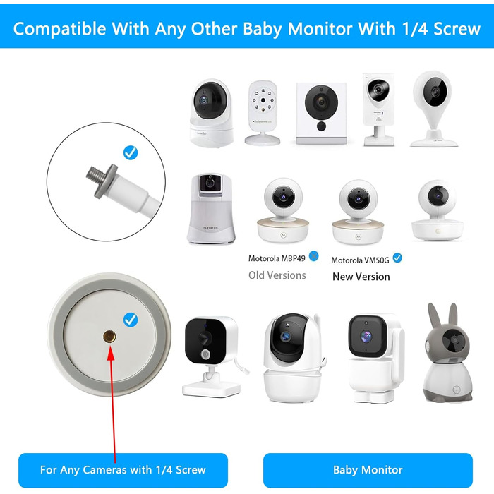Універсальне кріплення для дитячого монітора HOLACA (сумісне з Arlo, GHB, HelloBaby, ieGeek, Momcozy, Motorola та ін.), 1/4' гвинт, монтаж без інструментів, білий, гнучке кріплення