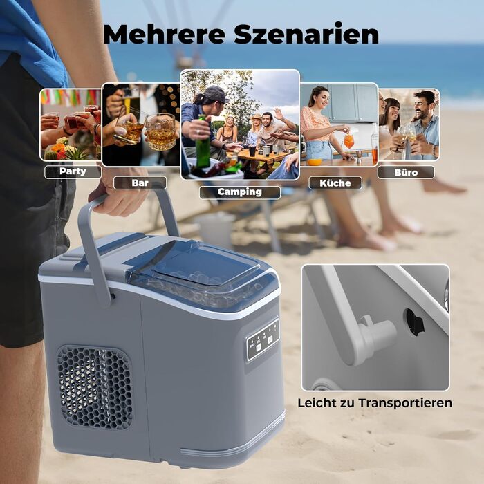 Машина для приготування льоду Ice Maker: 9 кубиків за 6-8 хвилин, 12 кг на добу, самоочищення, сірий колір. Ідеально для кухні, офісу, бару та вечірки