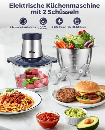 Електричний подрібнювач м'яса Bear 2L+1.8L з функцією м'ясоподрібнювача, 600W, 2 швидкості, зі скляною та нержавіючою сталлю, 4 леза, для м'яса, дитячого харчування, фруктів та овочів