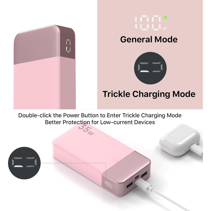 Power Bank NOBIS 20000mAh 35W з кабелем USB-C, рожевий | Портативний зарядний пристрій з цифровим дисплеєм