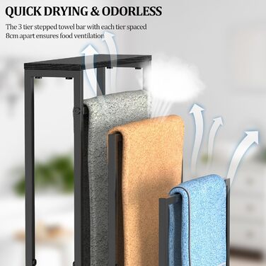 Підставка для рушників стояча, 3-ярусна з полицею з дерева, металева з регульованими ніжками, для ванної кімнати та спальні, 40x30x82 см, чорна