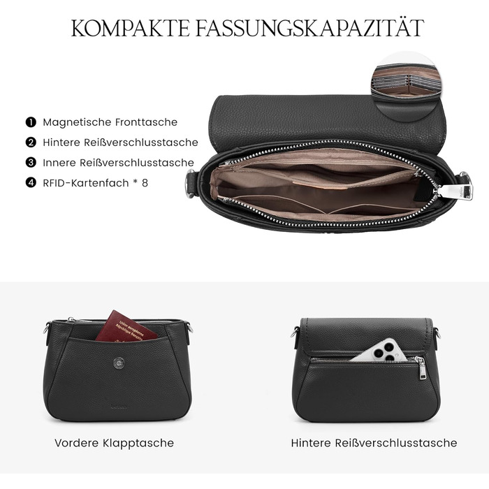 Сумка жіноча через плече Befen зі шкіри, середнього розміру, RFID-захист, чорна. Кросбоді, сумка на плече для жінок