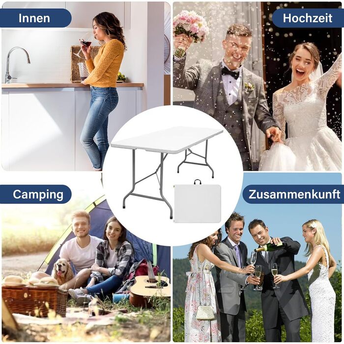 Складаний столик 180см, портативний, міцний, пластиковий, для дому та відпочинку на природі (білий)