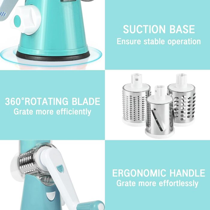 Ручна тертка для сиру та овочів Diealles Shine з ручкою, 3 змінні леза з нержавіючої сталі, для сиру, овочів, горіхів, кави (блакитна)