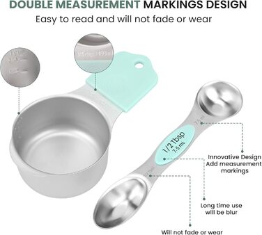 Magnetic Measuring Cup and Spoon Set, Durable 304 Stainless Steel, Double Measuring Markings, 16-Piece Set, with Leveler for Measuring Dry and Liquid Ingredients, Mint Green
