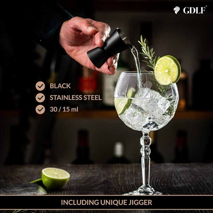 GDLF® Gin Glass Set made of high-quality crystal - Handcrafted - 2 Gin Tonic glasses & double-sided bar measure Black, Aperol spritz glasses, cocktail glasses, Made in Italy