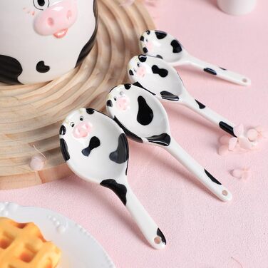 Ceramic Measuring Spoon Set with Cow Pattern, 4-Piece, for Dry or Liquid Ingredients, with Measuring Cup Set, Microwave Safe, Hand Wash Recommended