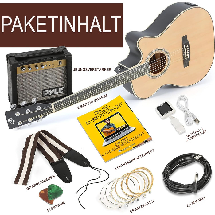 Акустична гітара Pyle Elektroakustik 4/4 Комплект для початківців: гітара з підсилювачем 10W, чохол, тюнер, ремінь та запасні струни – чорний колір