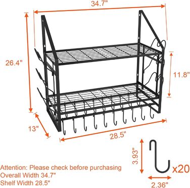 Hanging Pot Rack, 2 Tiers, Pots and Pans Organizer, Wall Mount, with 20 Hooks and 6 Lid Holders, Sturdy Steel Pot and Pan Hanger for Kitchen, Cookware, Utensils
