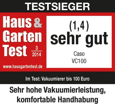 CASO VC100 - вакуумний пакувальник, тестування Haus & Garten Test, продукти зберігаються до 8 разів довше, подвійна 30 см зварювальна швейна лінія