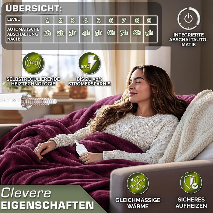 Електрична гріюча ковдра Sinnlein® з автоматичним вимкненням 160 x 120 см | 9 температурних режимів | Ковдра для ліжка, дивана | З таймером та цифровим дисплеєм, винного кольору