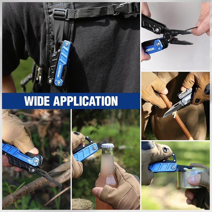 Мультитул WORKPRO 11-в-1: мультиінструмент з нержавіючої сталі з карабіном, плоскогубцями, інструментом для обрізки кабелю, відкривачем пляшок, викрутками. Підходить для активного відпочинку та повсякденного використання. У комплекті – зручна сумка.
