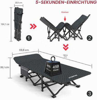 Розкладне кемпінгове ліжко для дорослих ATORPOK SHOP з подушкою, легке туристичне ліжко-трансформер із сумкою для перенесення, витримує до 200 кг