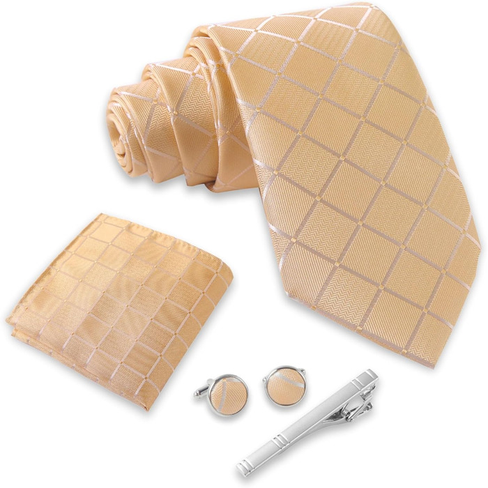 Набір краваток Massi Morino для чоловіків з нагрудним хустиною, краватковою голкою та затискачами для краваток, подарункова коробка - ідеальний вибір для весілля, універсальний розмір (Champagne Square)