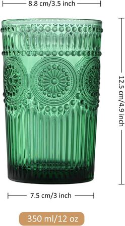Joeyan 350ml Green Drinking Glasses Embossed with Sunflower Patterns, Vintage Colored Glasses Dishwasher Safe, 4-Piece Set of Colorful Glass Water Glasses for Juice, Drinks, and Cocktails