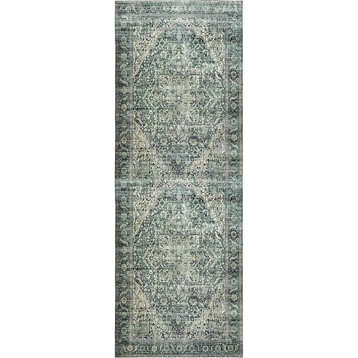 Килим миючий, з штучної вовни, світло-бежевий, для дому, під ліжко, до спальні, обідньої кімнати, під стіл, 2' x 6' (Прямокутний), темно-зелений