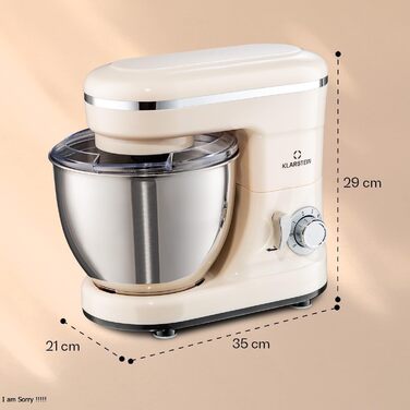 Klarstein Bella Kitchen Machine - Stand Mixer with 6 Speed Settings, Stainless Steel Beater, Pulse Function, Planetary Mixing System, 3 Mixing Attachments, 1200 W Power, cream