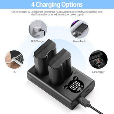 Запасний акумулятор EN-EL15 (2 шт.) та зарядний пристрій Dual LED USB для камер Nikon Z6, Z7, Z8, D7500, D7000, D7100, D7200, D500, D600, D610, D750, D780, D800, D810, D800E, D810A, D850