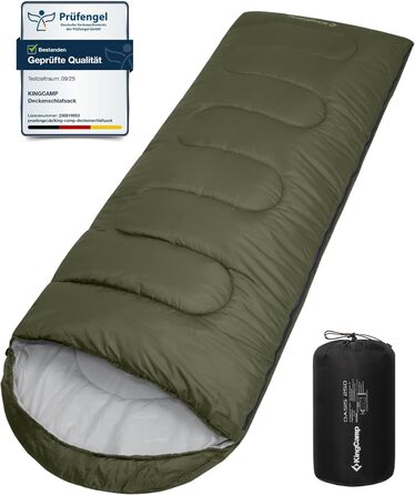 Сплячий мішок KingCamp Oasis для кемпінгу, 3-4 сезони, водовідштовхувальний, легкий, для дітей та дорослих, з можливістю з'єднання, для подорожей та активного відпочинку, оливковий, Zip 220×75 см