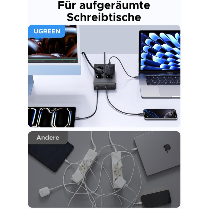 Мережевий фільтр UGREEN 10-в-1 з USB, подовжувач з 20W швидкою зарядкою USB-C, захист від перенапруги, 3680 Вт, кабель 1.5 м, для офісу та дому