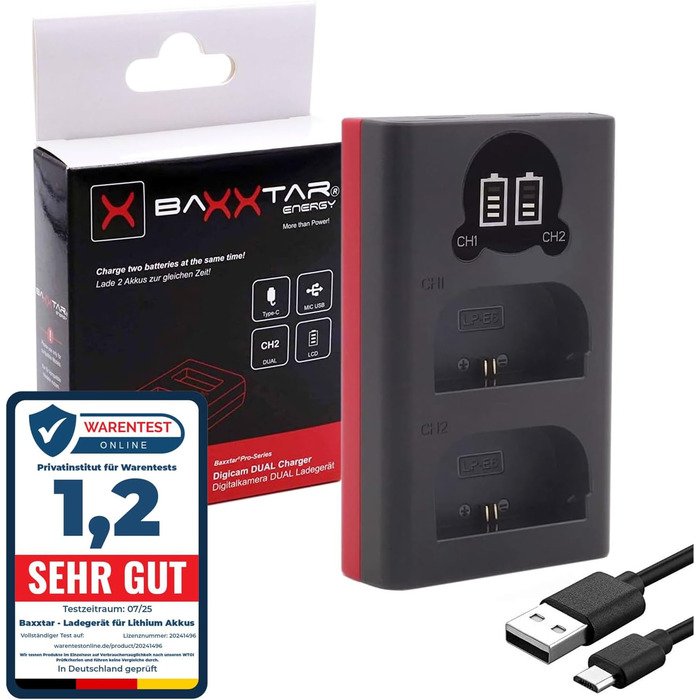 Зарядний пристрій Baxxtar для акумуляторів LP-E6NH, LP-E6N, LP-E6 з подвійним LCD-дисплеєм та USB-C/Micro-USB живленням