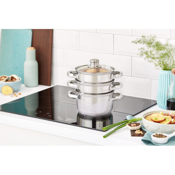 Набір каструль KitchenCraft 3 шт. з набором для приготування на пару, нержавіюча сталь, 16 см (6''), сріблястий, у подарунковій коробці