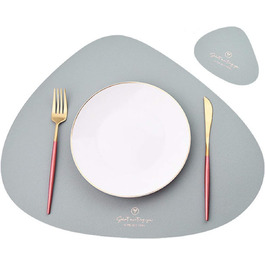 Set of 4/Set of 6 Placemats and Coasters, Triangle Oval Leather Table Sets, Water Droplet Wipeable Table Mat, Waterproof, Oil-Resistant, Non-Slip, Heat-Resistant Placemats (Gray, 4-Piece)