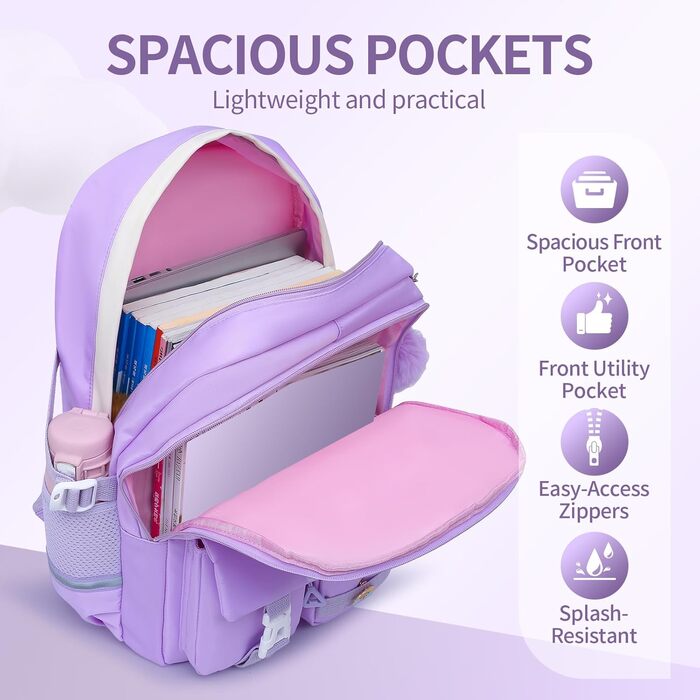 Дитячий рюкзак для школярів: для ноутбука, підручників, з багатьма кишенями, для підлітків, дітей, подорожей, 17 дюймів, фіолетовий
