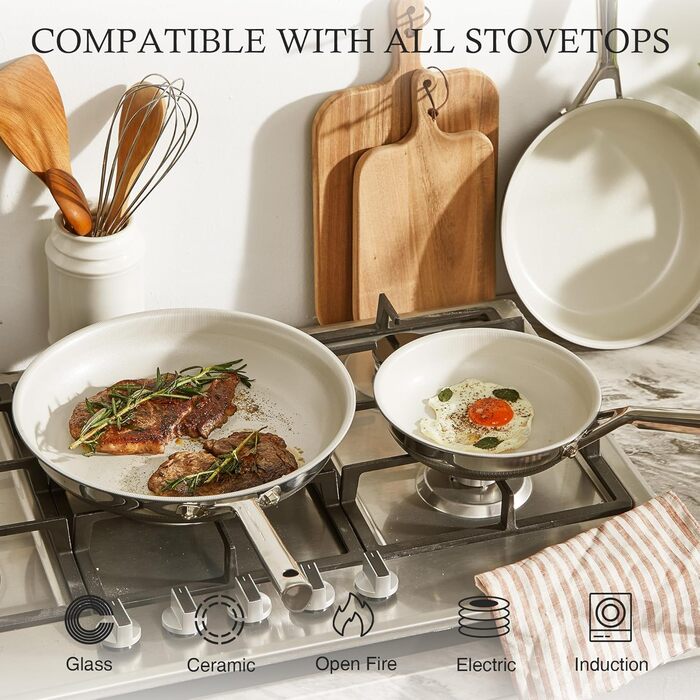 Набір антипригарних сковорідок Kitexpert Beige, титано-керамічне покриття, нержавіюча сталь, 3 шт. (20,3 см, 25,4 см)