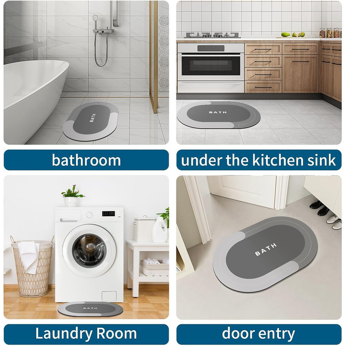 Килимок для ванної кімнати, гумовий, швидковисихаючий, неслизький, 40 x 60 см (Світло-сірий)