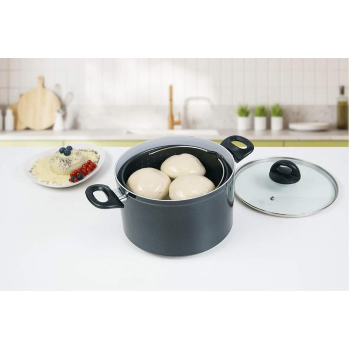 Набір каструль Genius Cerafit Magic Pot 6 предметів 20 см і 24 см, 3,7 л і 6,3 л з друшляком і скляною кришкою, універсальні, для всіх плит, чорний
